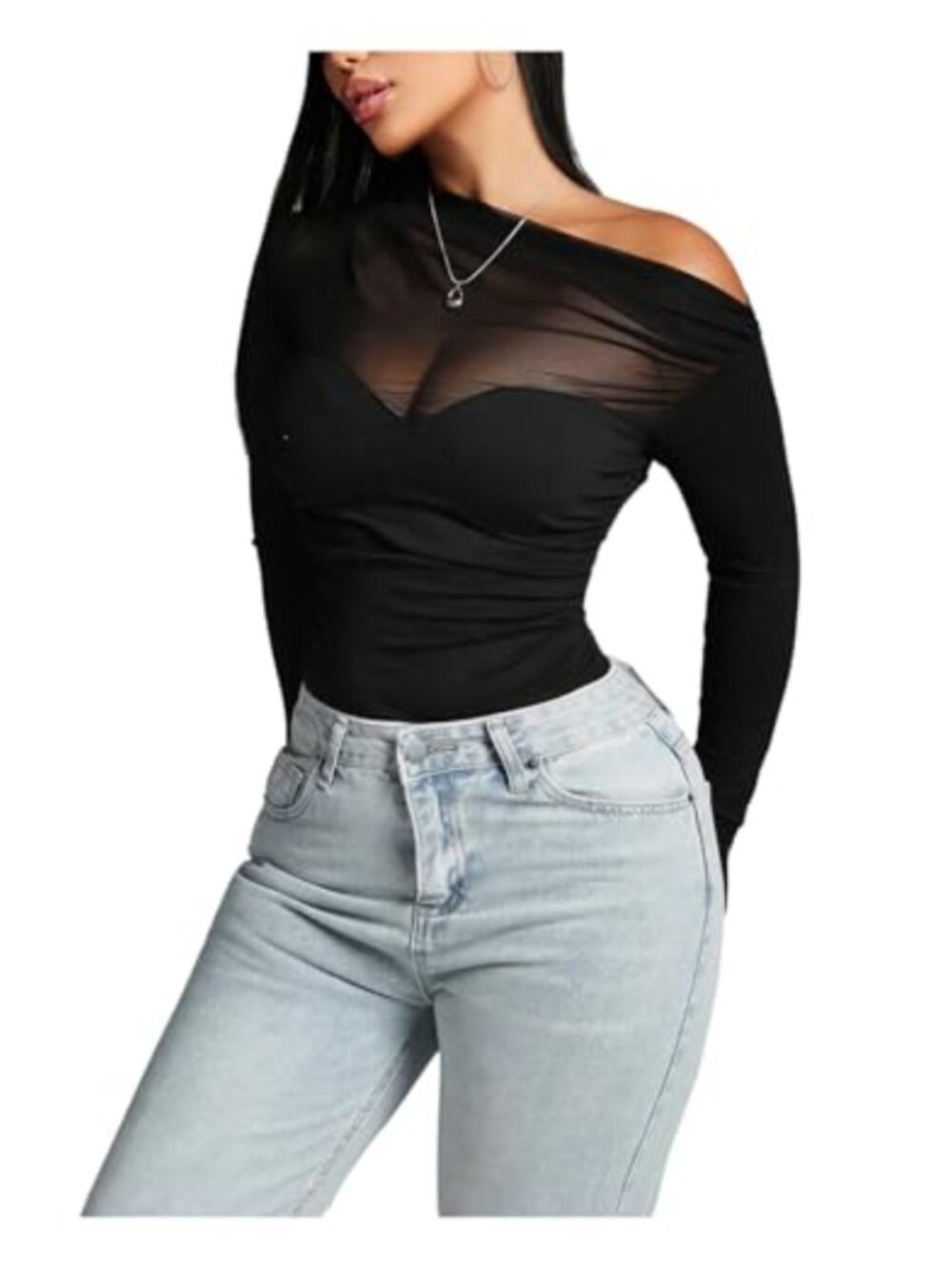 Ruched One Shoulder Bodysuit Sheer Long Sleeve Fitted Leotard Top
